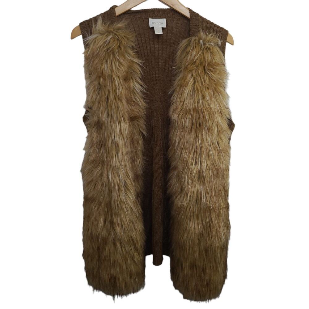 Chico's‎ Womens Size 1 (Medium) Faux Fur Front & Knit Back Vest Natural / Brown